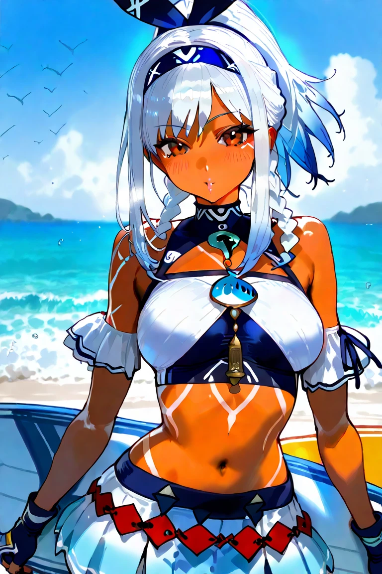 masterpiece, best quality, 1girl, kidagakash, solo, dark-skinned female, dark skin, long hair, white hair, blue eyes, necklace, facial mark, earrings, bikini, sea, sand, beach background