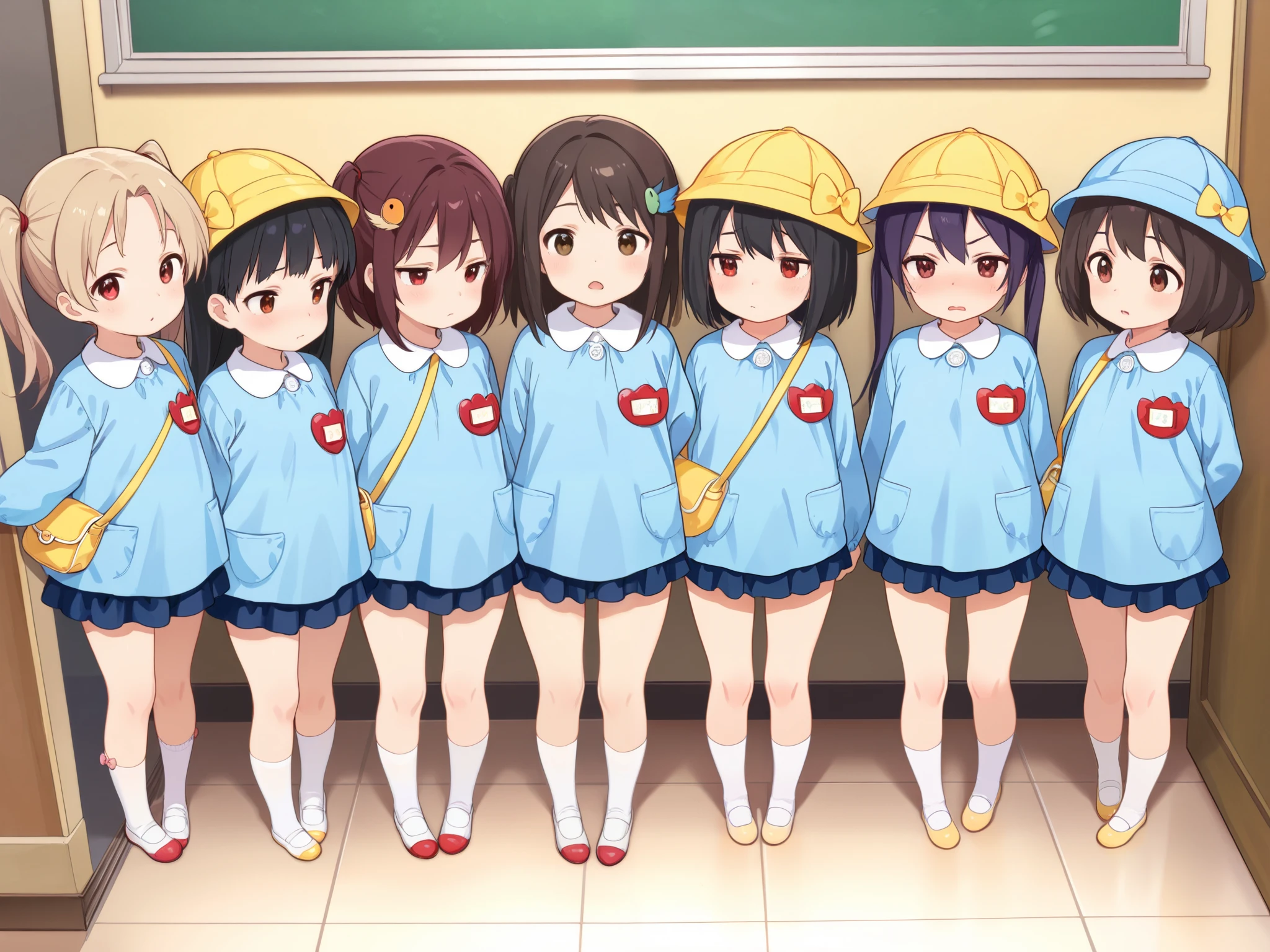 6girls, group of girls, multiple girls, (masterpiece, best quality, highly detailed, ultra detailed), bird eye view, So many girls, Frustrated, flat chested, various hair colors, small breasts, kindergarten, kindergarten cap, kindergarten uniform, kindergarten bag, socks