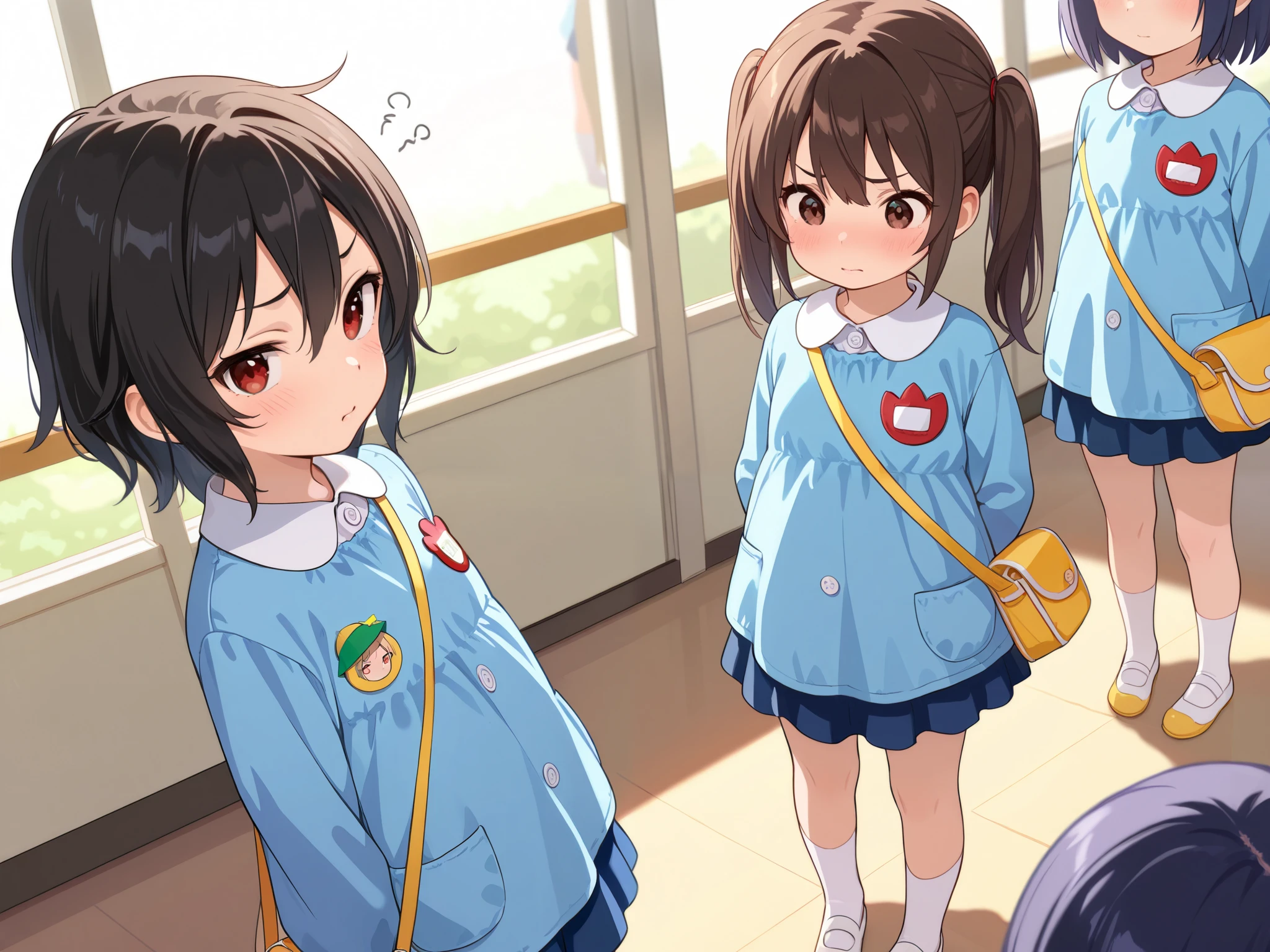 6girls, group of girls, multiple girls, (masterpiece, best quality, highly detailed, ultra detailed), bird eye view, So many girls, Frustrated, flat chested, various hair colors, small breasts, kindergarten, kindergarten cap, kindergarten uniform, kindergarten bag, socks