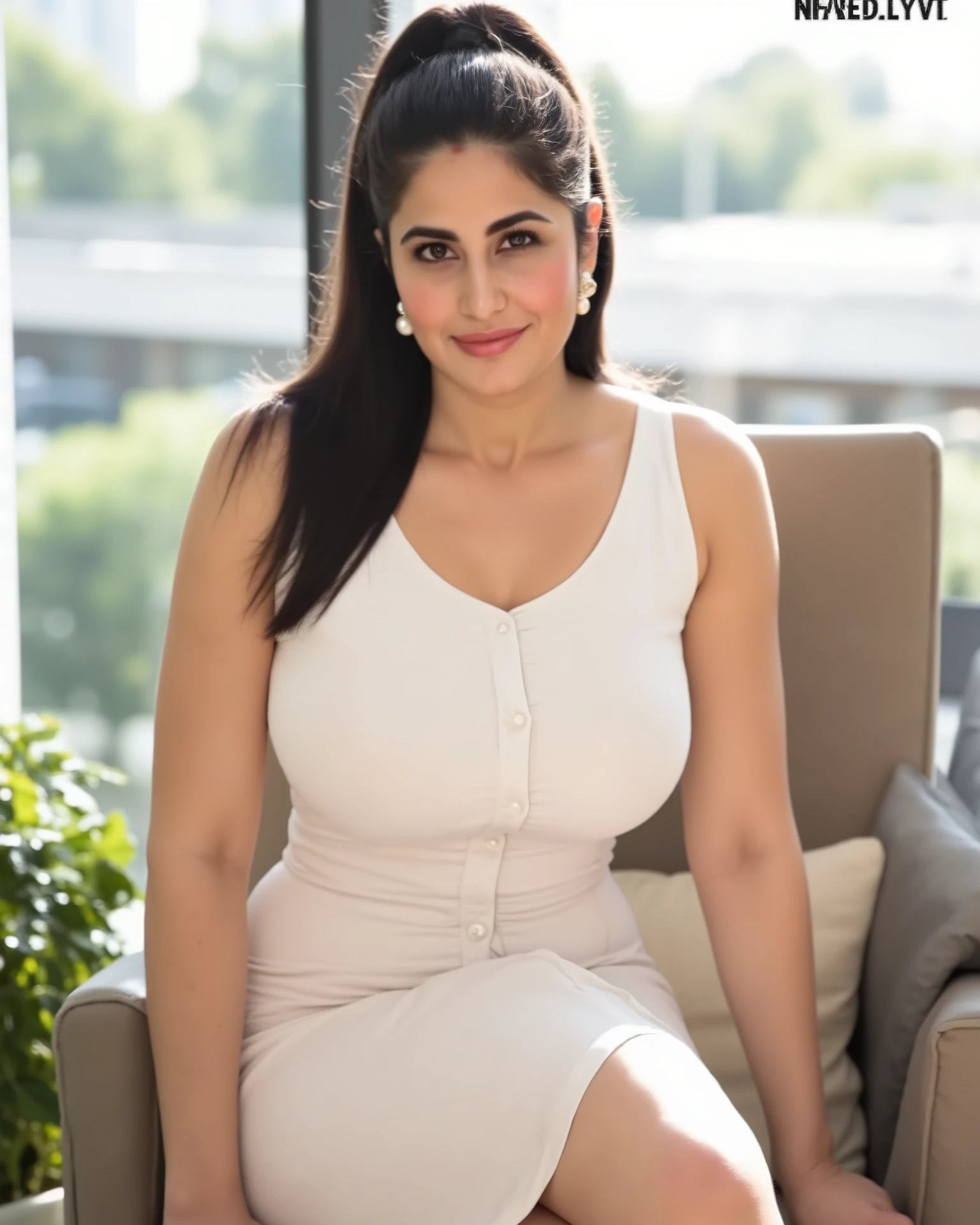 A stunning young Indian woman with long, dark hair tied in a high ponytail, wearing a fitted, elegant white button-up dress. She sits confidently in a modern office setting, exuding charm with a soft smile. Her expressive eyes and subtle makeup enhance her beauty, while delicate pearl earrings add a touch of sophistication. Sunlight filters through the window, casting a warm glow on her flawless skin. The atmosphere is poised and captivating."