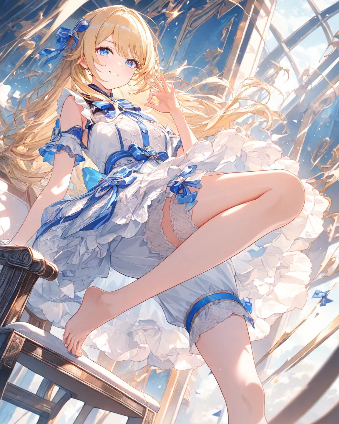 score_9, score_8_up, score_7_up, source_anime, best quality, masterpiece, official art, absurdres, highres, ultra-detailed,waifu2x,Collection: Slice of Life,break,1girl, io \(granblue fantasy\), dark-skinned female, blonde hair, swept bangs, blue eyes,gradient hair, hair ornament, long hair, flat chest, thighhighs, twintails, sweat, open mouth, sleepily, outdoors, wind,break,(clear line illustration:1.2), super detailed skin,very high resolution, very aesthetic, Best sexual lighting powered by famous artist, 8k,cute picture,beauty illustration,photoshop_(medium),,(Detailed Lighting),best anime 8k konachan wallpaper, pixiv contest winner,