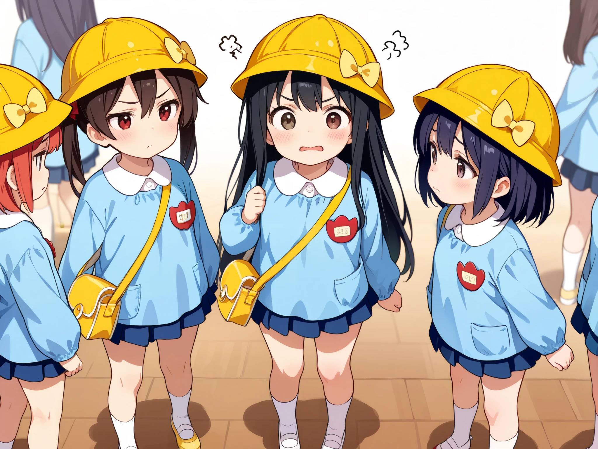 6girls, group of girls, multiple girls, (masterpiece, best quality, highly detailed, ultra detailed), bird eye view, So many girls, Frustrated, flat chested, various hair colors, small breasts, kindergarten, kindergarten cap, kindergarten uniform, kindergarten bag, socks