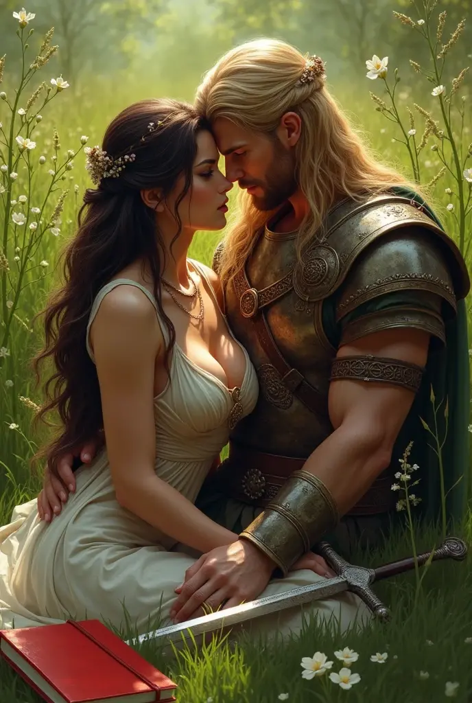 A brunette with a delicious body, long curly hair, leans against a strong Celtic warrior with straight, golden hair, they are sitting in a fresh green pasture, and look at each other with the deepest desire, the man's sword is lying on the grass as is a red notebook