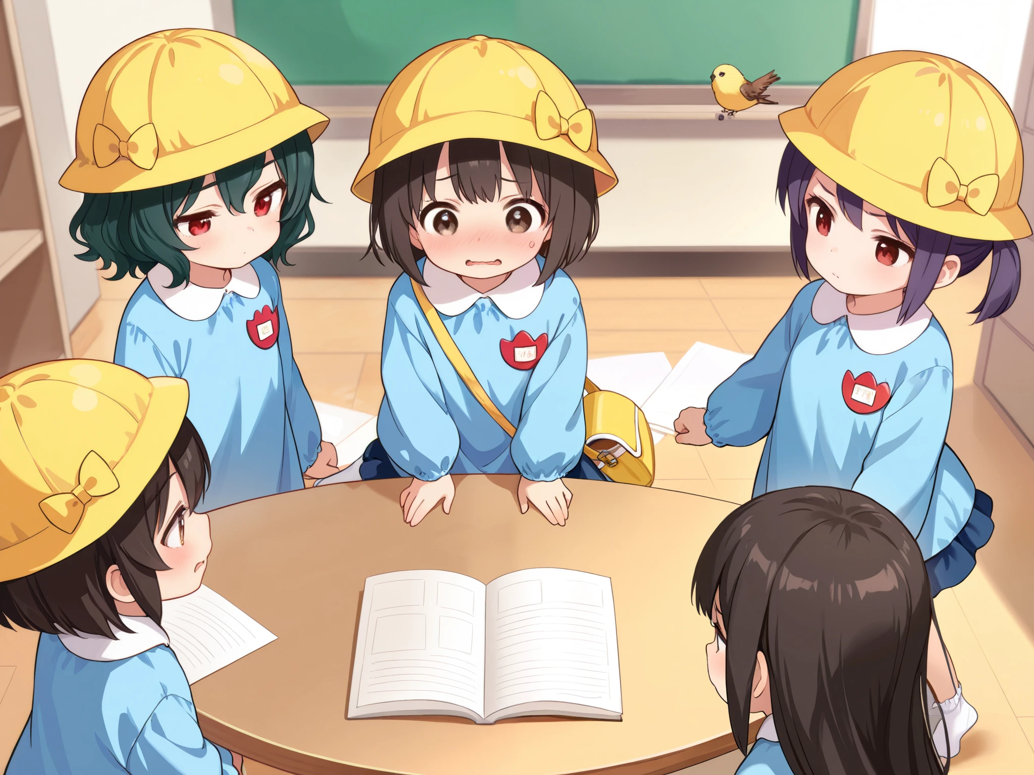 6girls, group of girls, multiple girls, (masterpiece, best quality, highly detailed, ultra detailed), bird eye view, So many girls, Frustrated, flat chested, various hair colors, small breasts, kindergarten, kindergarten cap, kindergarten uniform, kindergarten bag, socks