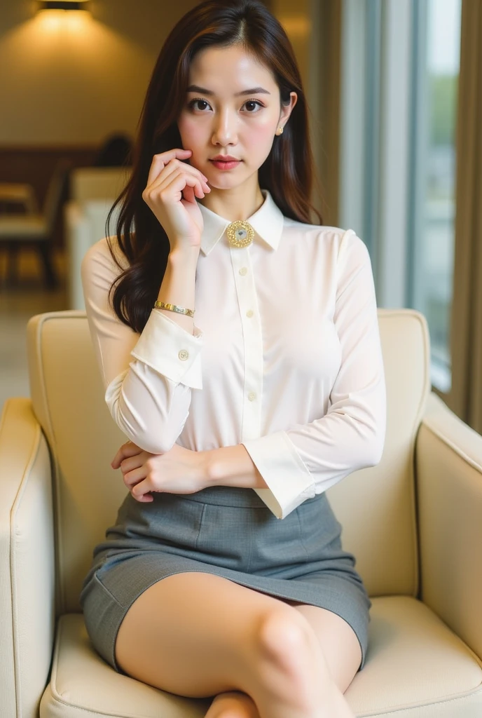 8K quality、High resolution、High resolutionの瞳、woman、Office Lady、mini skirt、リアルなwoman性器、Small breasts、Sweat accumulates in the chest、garden、Sit on a chair with your legs apart and leaning forward、The best smile、