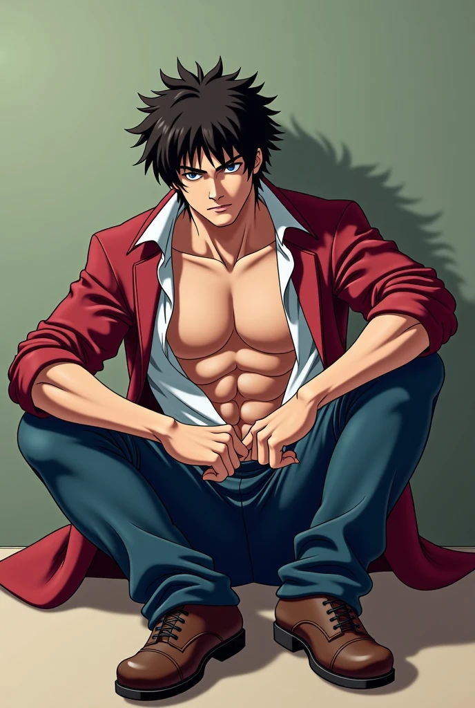 Anime guy in underwear posing with his shirt open, Yuji Itadori, pink hair, black under hair, Jujutsu Kaisen, in combat pose, slightly muscular, defined body, shirtless, abs, big legs