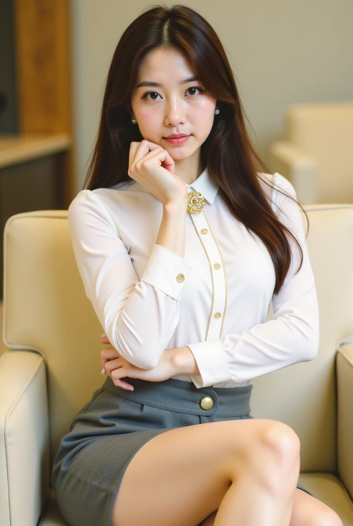 Photorealistic:1.3, masutepiece, Best Quality, ((1 beautiful woman)), ((brown super long hair_Hair reaching down to the waist:1.2)),((loose and wavy hair:1.3)),japanes, Office Worker, ((she is smiling with her mouth slightly open:1.3)), Slender Abs, Medium chest, Blouse with white collar_Gold necklace_brown wrap skirt:1.2)), stand next to an office chair, The long and beautiful body of a seagull), Beautiful face, Beautiful eyes, Detailed face, Detailed eyes, in a office, 8K resolution、FULL BODYSHOT