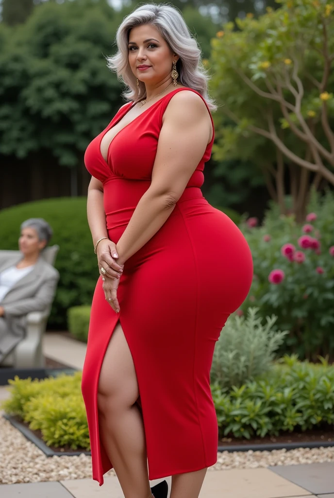 araffe woman in a red dress, magical outdoor location, lorena avarez, perfect body, green eyes, in a red dress, sexy red dress with massive slit in the centre revealing sexy legs, wearing a longv red dress, wearing a long red dress, tight dress, curvy hourglass figure, woman wears a long red dress, curvy model, long red dress, irina nordsol kuzmina, profile pic, curvy figure, huge breasts, tall, sexy pose.