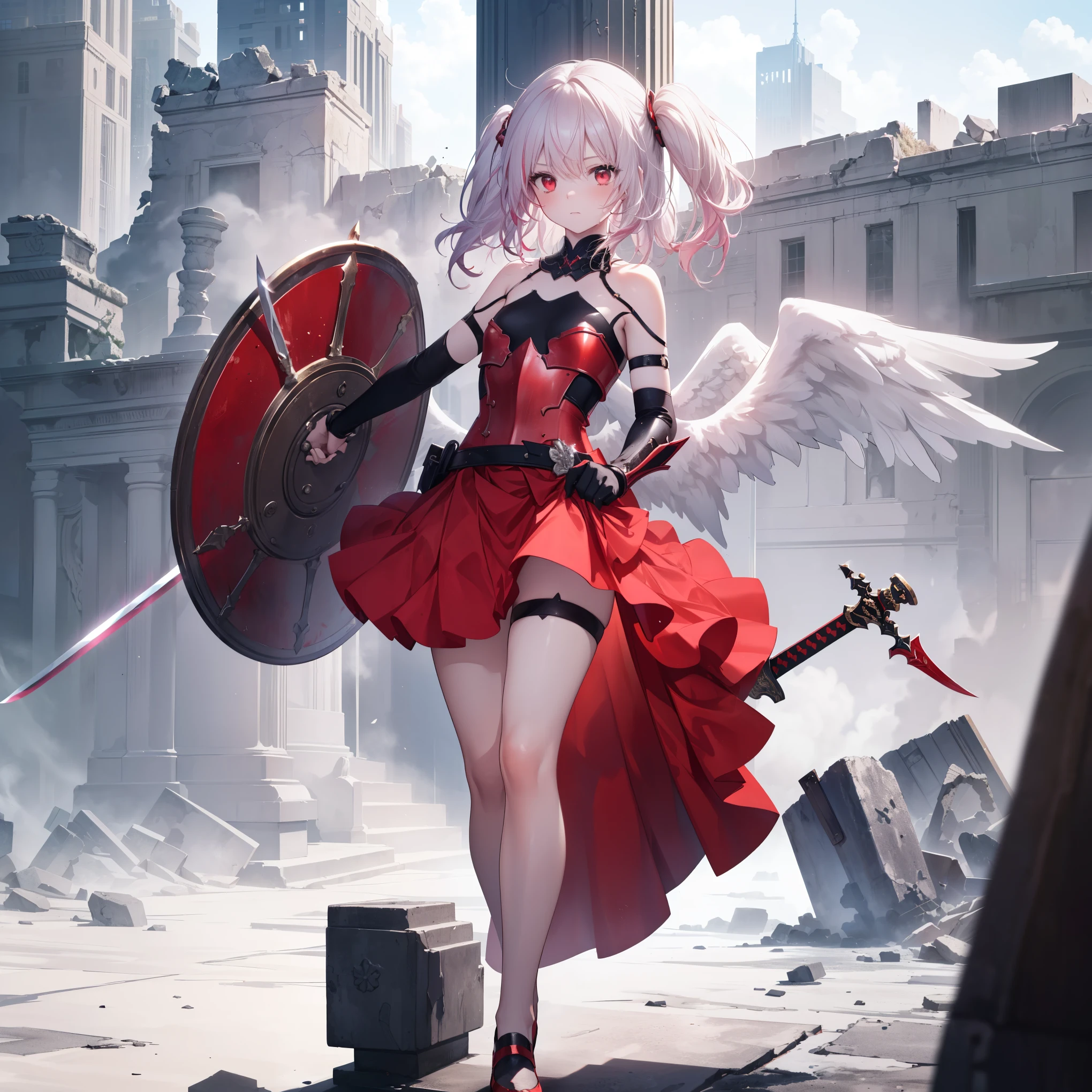 ((Angel girl with sword and shield)), High-quality, masterpiece, delicate hair, intricate eyes, high resolution, exceptional detail, photo-realistic, ((a single girl, full-body depiction, cute girl, beautiful girl, long pink hair, twin-tails, red eyes, angel wings, realistic, face, small chest, crimson armor dress, red shoulder armor)), removed silver-haired white man, ((proper hand anatomy:1.4)), ((proper body anatomy:1.4)), ((proper leg anatomy:1.4)), ((Proper anatomy of a sword in the hand:1.4)), ((red sword and red shield:1.4, red gauntlets, bare shoulders, detailed red armor, jewels, bustier, red skirt, mini-skirt, intricate details, short straps)), deep focus, high definition, very detailed, student, sharp concentration, cinematic lighting, daikon, long loose hair, upper body, ruins, strong shadows, ash, one girl, alone, ink wash painting, ink splattering, color splattering.