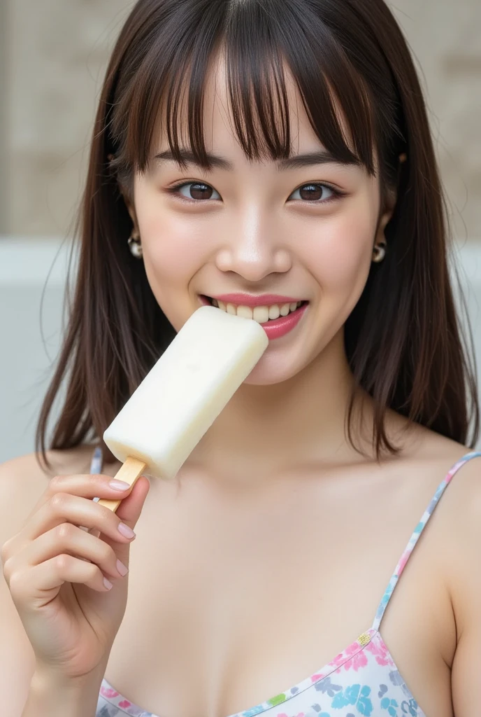 score_9, score_8_up, score_7_up, score_6_up, BREAK , source_real, raw, photo, realistic BREAK 1girl, solo, looking at viewer, short hair, bangs, black hair, hair ornament, jewelry, upper body, earrings, food, hairclip, off shoulder, mole, sweater, english text, mole under eye, blue background, mouth hold, cover, popsicle, retro artstyle, food in mouth, off-shoulder sweater, album cover, magazine cover, fake cover