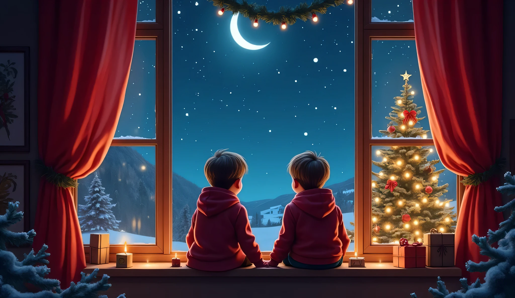 Christmas eve, two ren sitting on window sill, starry night sky, magical atmosphere, Christmas tree lights, red curtains, mistletoe hanging, cozy interior, snowflakes, festive mood, anticipation, wonder, photorealistic, warm lighting, holiday spirit, hood nostalgia