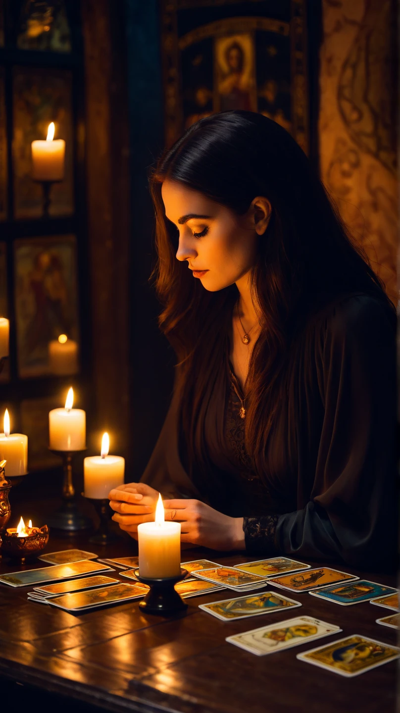 arafed woman in a white dress sitting on a floor with candles, witch paying for her sins, tarot card enviroment, spell casting, casting a protection spell, fortune teller, haunting beautiful young woman, doing witchcraft, white witch, female mage conjuring a spell, concept photoset, casting magic spell, cinematic goddess shot, spell casting wizard, fantasy photoshoot