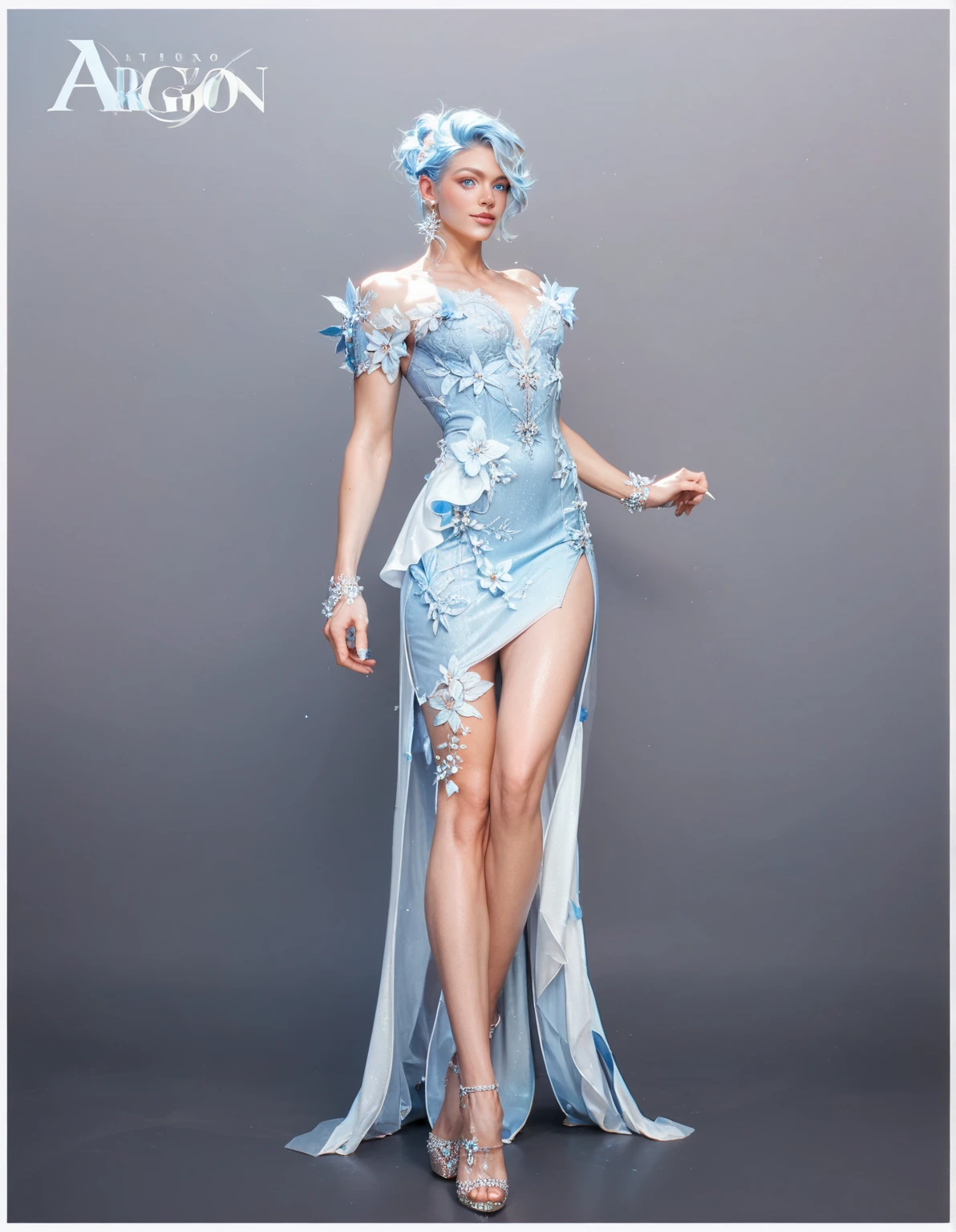 photorealistic, masterpiece, high resolution, soft light, mature female, silver hair, blue eyes, hips up, elegant dress, full dress