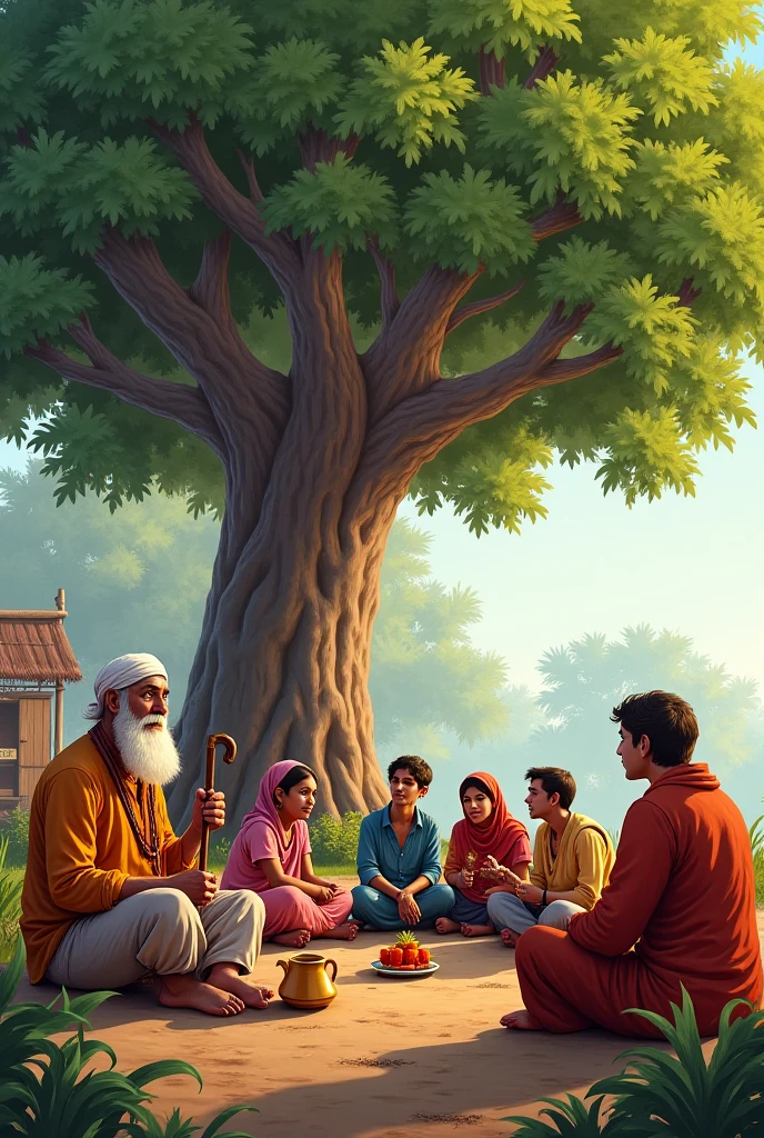 An illustration of chabutra which mean a raised platform in the north India village. There is a big tree on the platform and a young female journalist having microphone in her hand is taking interview of a man on that concrete platform. That tree is decorated with frills and lanterns. Few people standing below and watching them