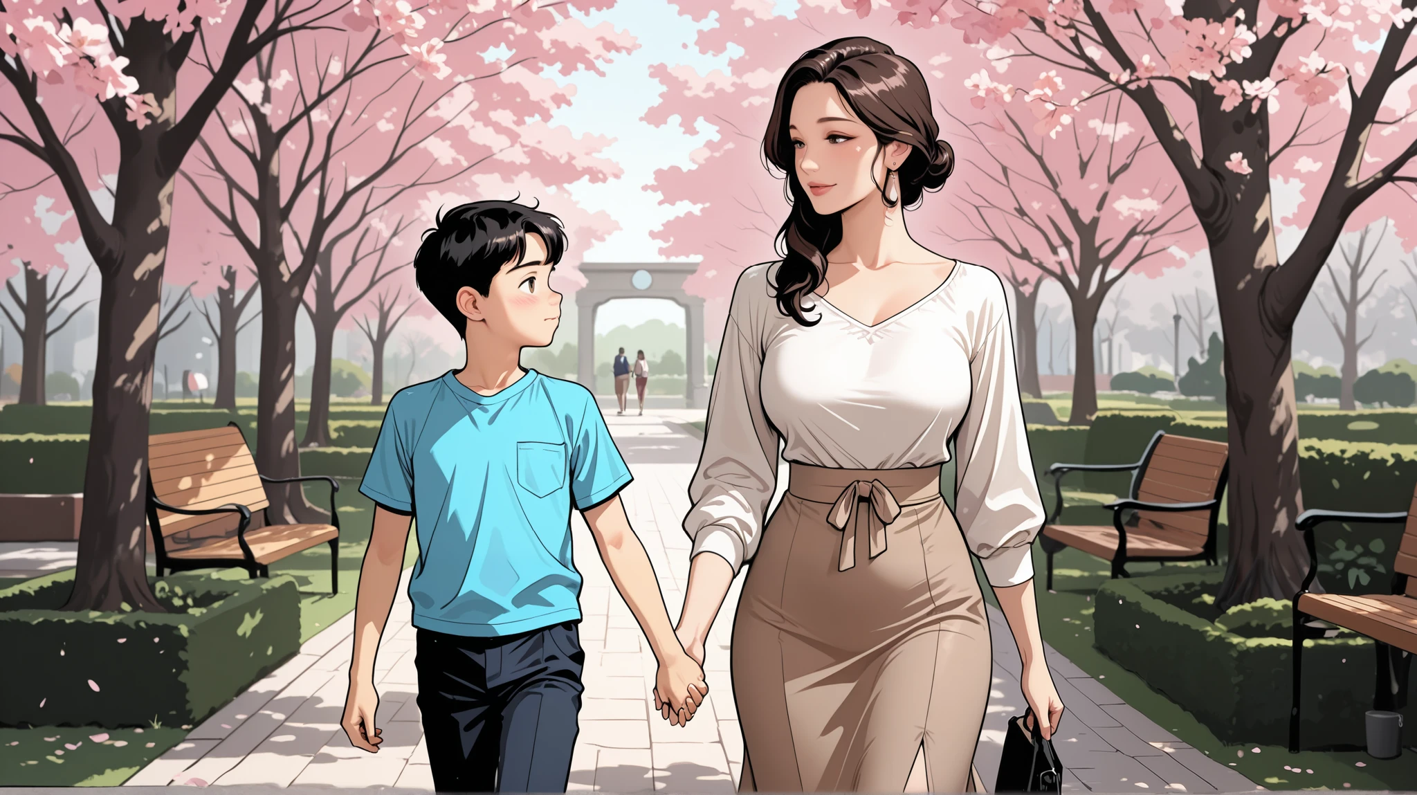 high quality, Perfect Dynamic Figures, Korean mature woman walking hand in hand with  son, park