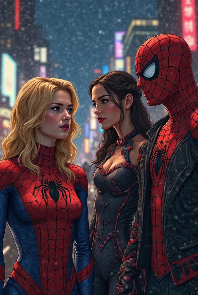 Three gorgeous women (varied height, varied weight, varied race, wearing a towel or less, crazy hairdo, crazy jewelry, tend towards fit and hourglass figure) they are flirting with Spider Man, women's locker room. Spiderman has webbed a villain to the wall, he is embarrassed by the women's attention