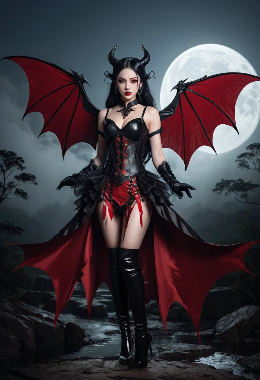 ((16-year-old))) black girl, (((light skin))), (((vampire))), (((New Orleans cemetary, early 20th century night time during mardi grad))), (((bats flying around))), dusk, (((close-up full body pose))), (((long wavy black hair))), high heel boots, (((wearing period clothing))), dark fantasy art, Rich, Deep Colours, (intricate details:0.9), (HDR, hyper-detailing:1.2), (natural skin textures, hyper realisitc, soft light, Sharp),