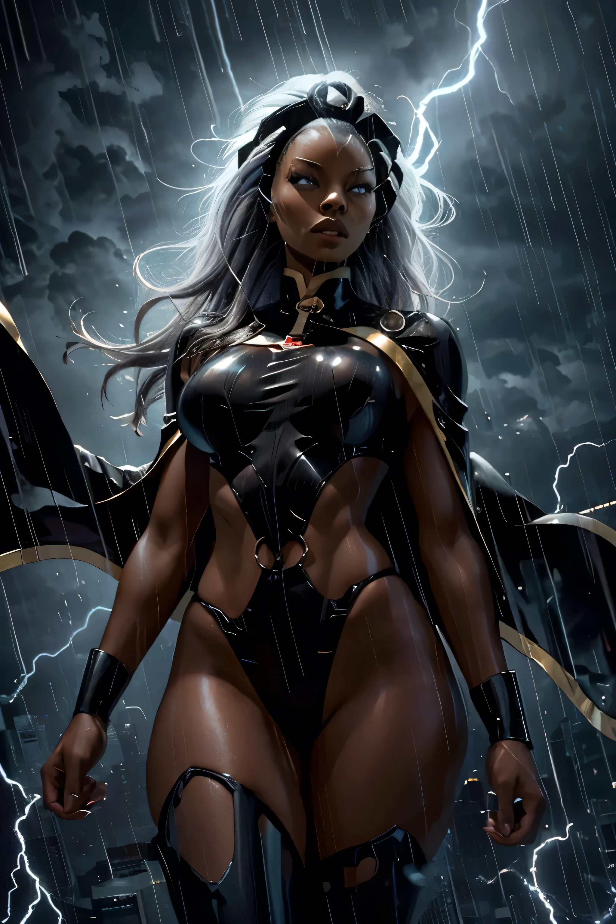 tempestade(maravilha)、Beautiful black woman、big breasts、 corpo sexy 、Use Lightning 、In the rainy city