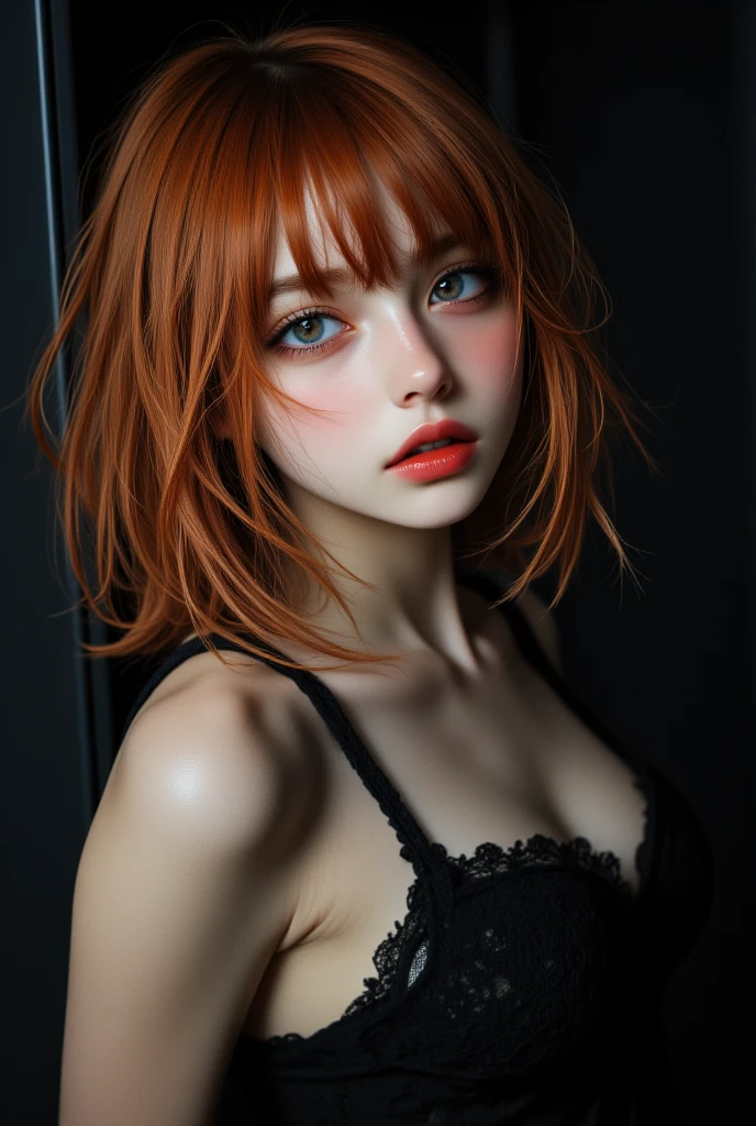 best quality, masterpiece, (realistic:1.2), portrait, 1 girl, red hair, ginger, ((short hair)), brown eyes, detailed face, beautiful eyes, detailed eyes, playful, freckles, young, short bikini black, lingerie, medium breast, intricately detailed, crafted, meticulous, magnificent, maximum details, extremely hyper aesthetic, looking at viewer, grey background