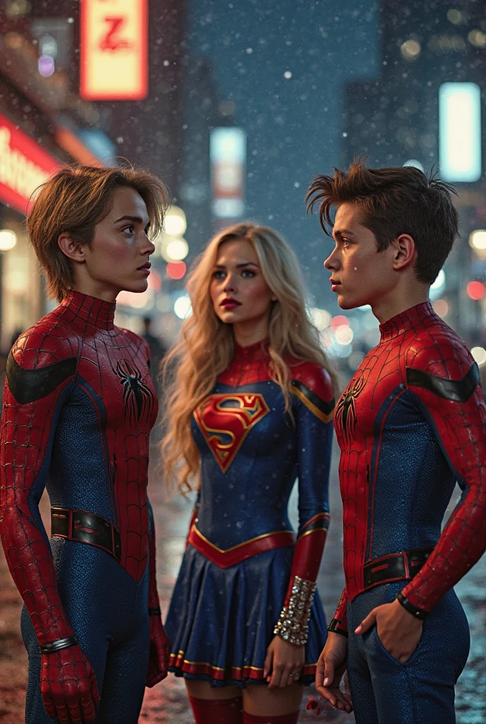 (masterpiece, best quality:1.2), solo, male focus, 1boy, expressionless, looking at viewer, squatting, short hair, (streaked hair:1.1), red eyes, spider suit, spider web print, spider web, rooftop