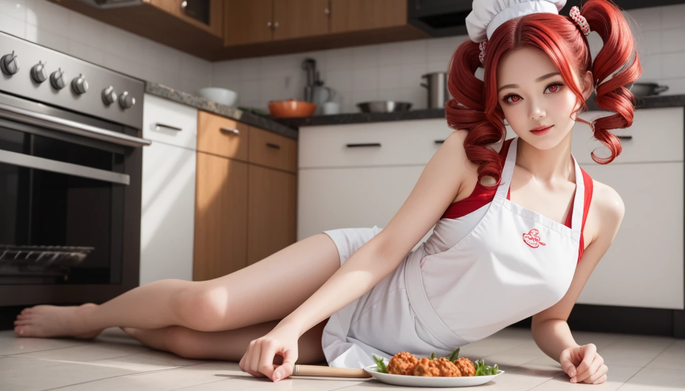 a closeup portrait of a playful maid, undercut hair, apron, amazing body, pronounced feminine feature, busty, kitchen, [ash blonde | ginger | pink hair], freckles, flirting with camera