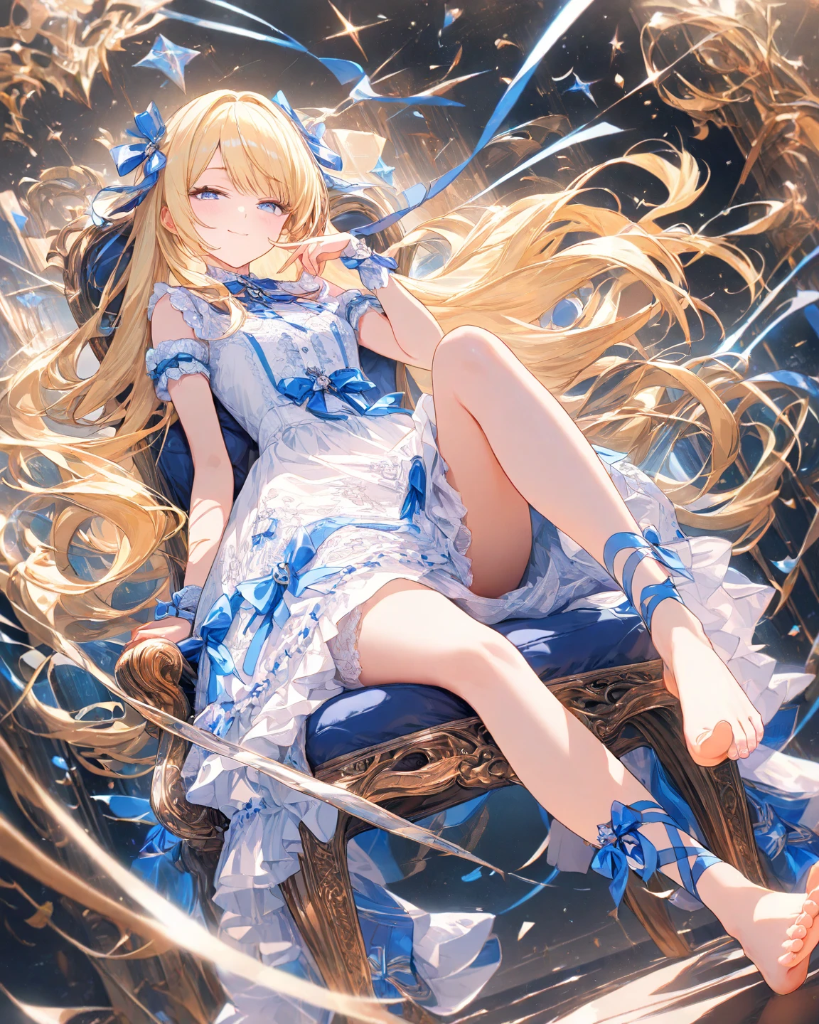 (masterpiece)、(absurdres)、(ultra detailed)、((solo lady)、(blonde hair:1.0)、(shiny red eyes:1.1)、(highponytail:0.9)、(a little red libbon:0.8)、(long hair:0.7)、((middle breast:0.8))、BREAK,Frills、White one-piece swimsuit、BREAK,Seaside beach、half-closed eyes,side view,Sit in a long chair、looking up:0.9,looking away:1.1,surrounded by a kaleidoscope of colors and glowing lights..fullbody shot,Wind、
