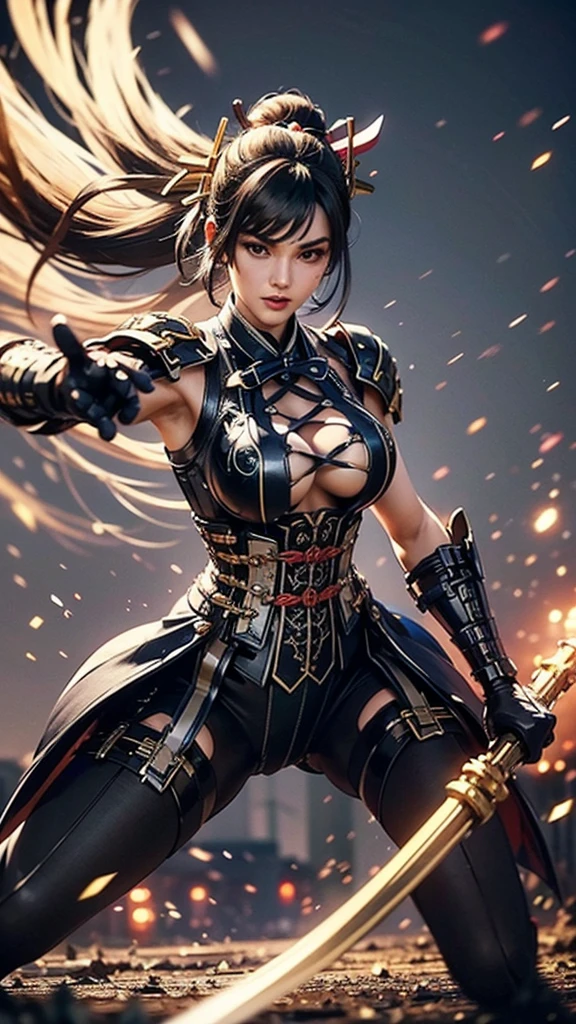 seios fartos, (((action scene:1.5))), Comics action, Fight, Momotaro, Cyberpunk, (Japan Katana, Samurai), 1 homem, Wakame, Peach on forehead, ((mechanical armor)), campo de batalha, noite, melhor qualidade, Melhor obra-prima, High definition, 16k,, Manga Storyboard: 1.8, Manga Layout, "Partidas de Artes Marciais, Batalha entre homem e mulher", Arena ao ar livre, Lutas de punho nu, fighting spirit, Anatomia precisa, (Isolamento: 1.1), (luz refletida: 1.2), Glass, super detalhado, Complicado, oil on the canvas, escova seca, detalhe Aprimorado, dinamic poses, dynamic compositions、dedo detalhado、detailed hand、Um rosto detalhado、32k , hiper HD, layout do painel de quadrinhos,