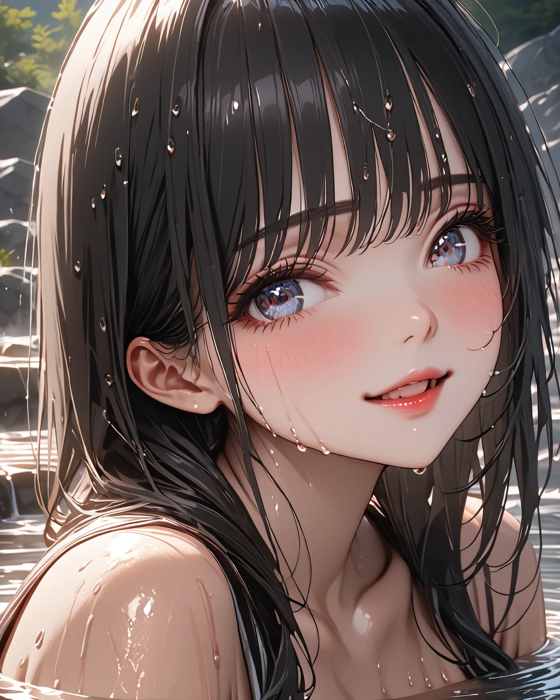 topless、 A high resolutionCGを組み合わせた8K壁紙、Very detailedな 8k CG 壁紙、(top quality)、A high resolution、Very detailed、ultra sharp、cinema lighting、one girl 、(cute face、detailed face、young face)、(black hair、Straight long hair:1.4)、(Red cheeks)、(small breasts:1.5)、(flat chest:1.5)、(skinny body:1.3)、(Girl :1.5)、、(smile:1.3)、(upper body close up:1.5)、Attractive eyes、(Get wet in the rain:1.4)、