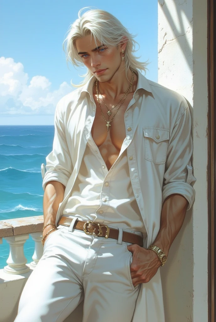 Summer morning, sunrise, light breeze, in a cozy cabin of a luxury yacht a couple sleeps on a large bed: 1 woman (an incredibly beautiful young femme fatale-blonde with blue eyes and long golden hair reaching to the waist, wearing short pajamas with thin lace, romantic appearance) and 1 man (tall, handsome, a manly, athletic young man - platinum blond, he has blue eyes, tanned skin, long straight platinum hair, he is dressed in simple cotton pants), he hugs her. The ocean breeze. Masterpiece, perfect image, realistic photos, full-length image, 8K, detailed image, extremely detailed illustration, a real masterpiece of the highest quality, with careful drawing. glow.