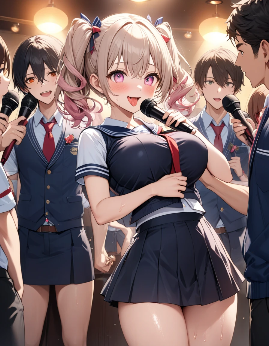 Anime Moe Art Style,Highest quality,High resolution,Anatomically correct,Multiple Girls,Mid-teens,Mr.々Hair style,Super detailed,Big Breasts,Shiny skin,Beautiful Skin,A rich expression,Laughing with your mouth open,Seduce,high school girl,Undress,Show off your chest,Nipples are visible,Lift up your skirt yourself,I can see the shorts,School festival,Beauty pageant,blazer,Pleated skirt,mini skirt,Eyes drawn in detail,8K