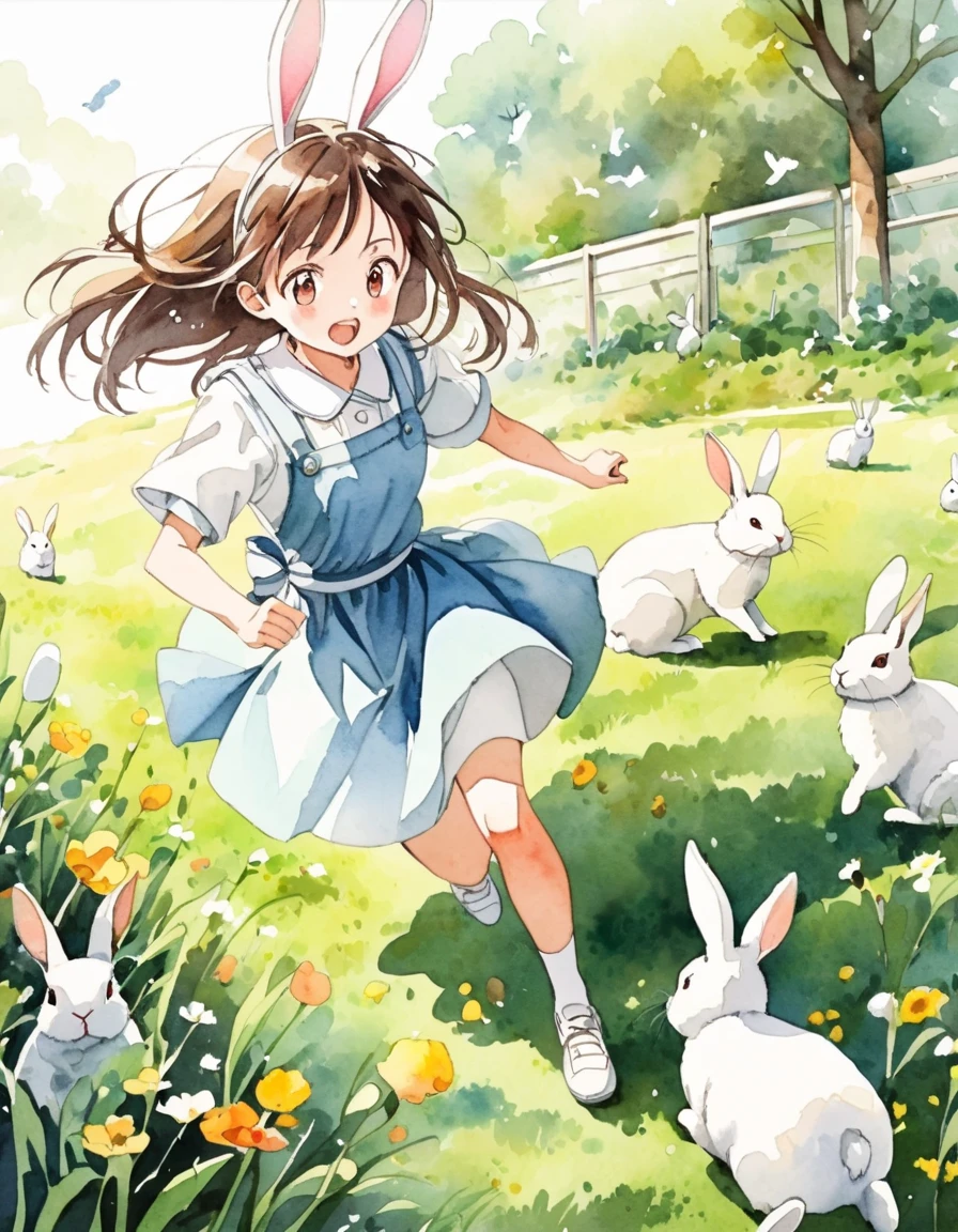 <lora:i-26_v1.0:0.8>,i19_\(azur_lane\), rabbit_ears, brown_hair, red eyes,dark-skinned_female, dark_skin,white camisole,white dress, field, standing,vanishing point,s;d,A girl in the wind,spread arms, full body, flower,, masterpiece, best quality, high contrast,