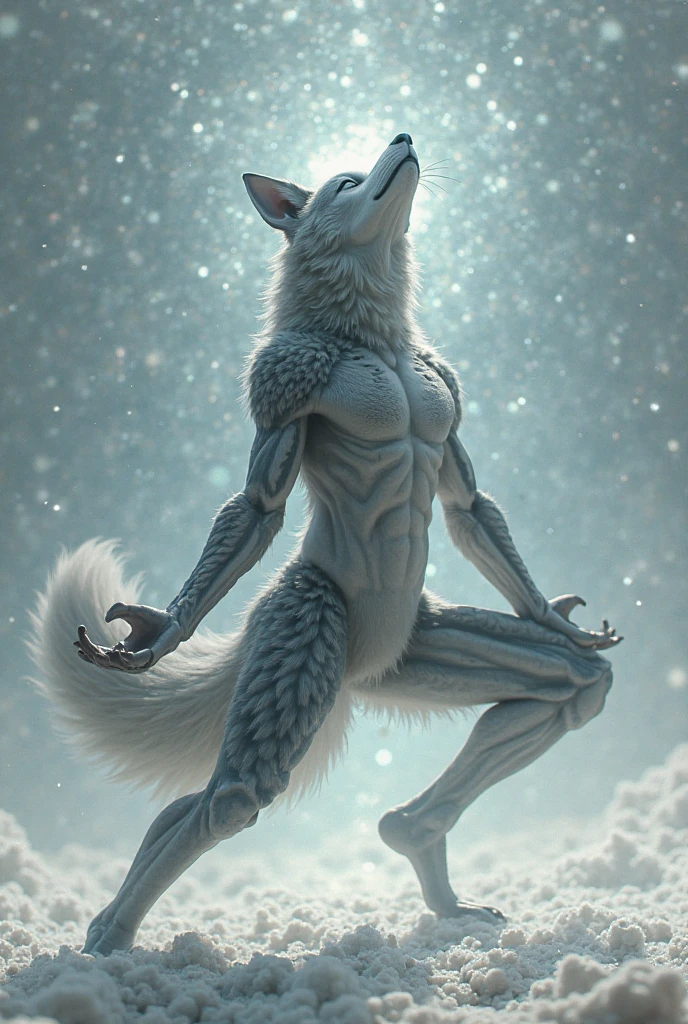 furry white wolf on his back squatting long fluffy tail