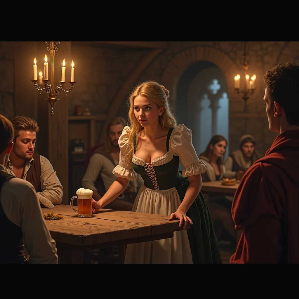 Naked Priscilla among a crowd of people in a tavern, naked men around, Priscilla bares her tits, bare chest, naked pussy art 3d realistic detailed drawn body, HD quality super realism
