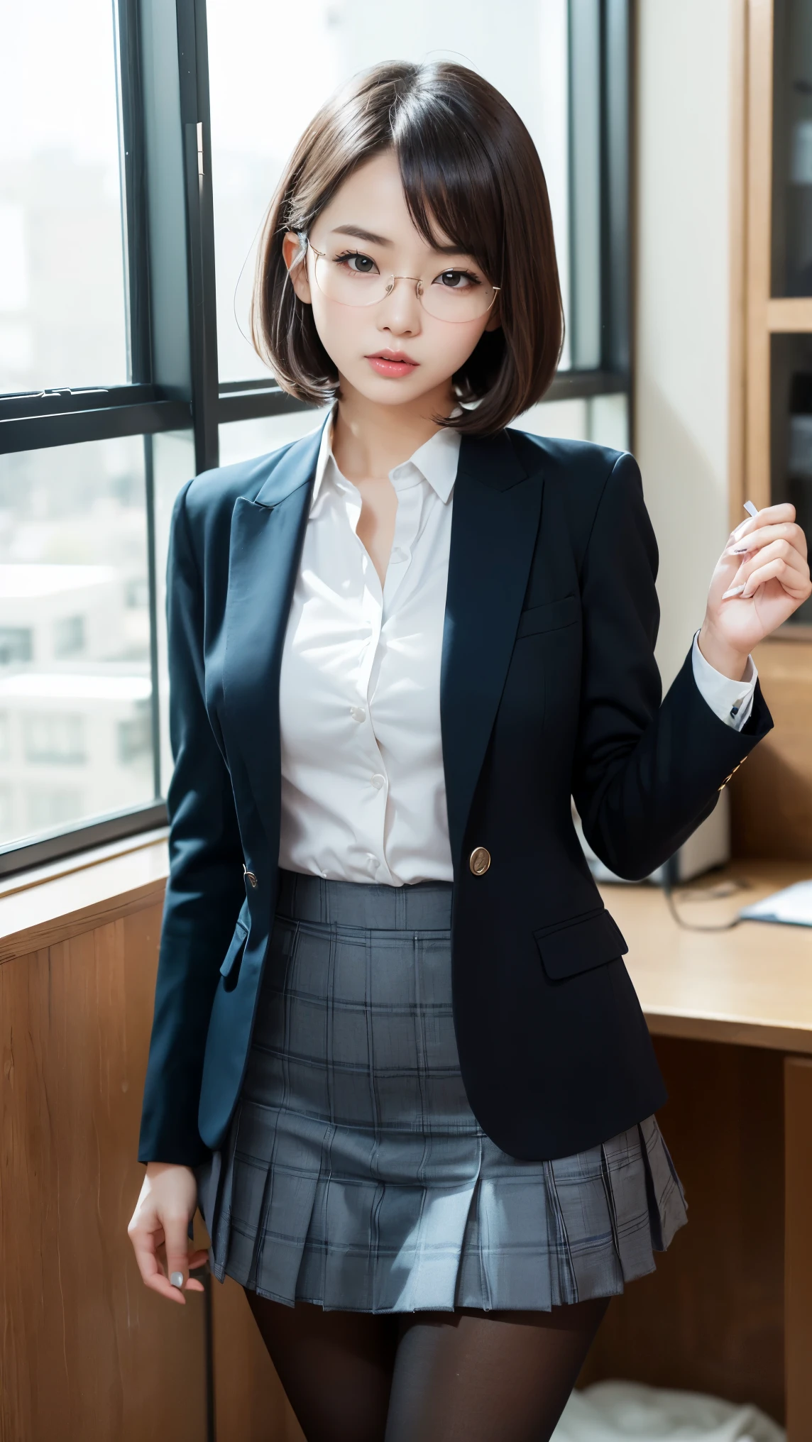 highest quality、face focus、soft light、(Depth of the bounds written)、ultra high resolution、(realistic:1.4)、RAW photo、(upper thigh:1.4)、(from the front) 1 japanese girl、solo、cute、(shy、smile) :1.1)、(brown eyes)、detailed beautiful face、(short hair)、sit on a train seat、(sit on a chair) 、(uniform:1.4、navy blue skirt、navy blue blazer)
