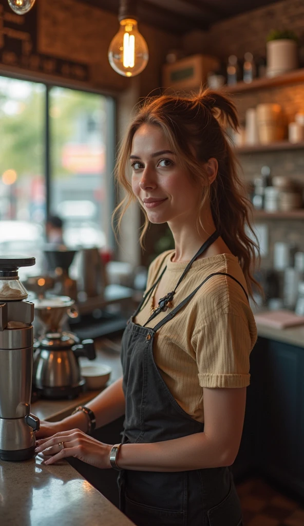 (best quality,4k,8k,highres,masterpiece:1.2),ultra-detailed,(realistic,photorealistic,photo-realistic:1.37),beautiful woman, working as a waitress, 21 years old,smiling woman,long,wavy,dark brown hair,dark brown eyes,happy expression,detailed hair strands,happiness,relaxing atmosphere,upscale coffee shop,dressed in jeans,stylish and modern outfit,comfortable seating area,wooden furniture,cozy ambient lighting,large glass windows,people enjoying their coffee,different coffee brewing equipment,high quality coffee beans,rich aroma,freshly ground coffee beans,delicate foam on the coffee cup,steaming hot coffee,takeout cups,coffee machine on the counter,espresso machines,soft background music,vibrant and energetic atmosphere,warm color palette,neutral colors with pops of earth tones,warm and soft lighting,stylish decor elements,artistic wall paintings,beautifully designed menu board,hanging plants from the ceiling,bright and clean space,to-go pastry options,indulgent treats,detailed coffee cup designs,reflections on the coffee cups,friendly and attentive customer service,inviting and welcoming environment, smooth light, best quality, UHD, high details, best quality, beautiful face, long oval face, deep cahrming look, deep eyes, cinematic lighting, motion blur, film grain, very detailed, 21 years, natural wave hair, dark brown eyes, high-res, masterpiece, best quality, intricate details, highly detailed, sharp focus, detailed skin, realistic skin texture, texture, detailed eyes, professional, 4k, 85mm, shallow depth of field, kodak color vision, perfect fit body, extremely detailed, photo_\(ultra\), photorealistic, realistic, post-processing, maximum detail, roughness, real life, ultra realistic, photorealism, photography, 8k uhd, photography (grain of film) medium shot for closeup shot, longer slimer face, perfect face, MIDDLE SIZE BREAST, sporty slim body, HANDS ARE HIDDEN FROM THE IMAGE, NO MUTATIONS, PERFECT SEXY ANATOMY, PAINTED FINGER NAILS, fit body 