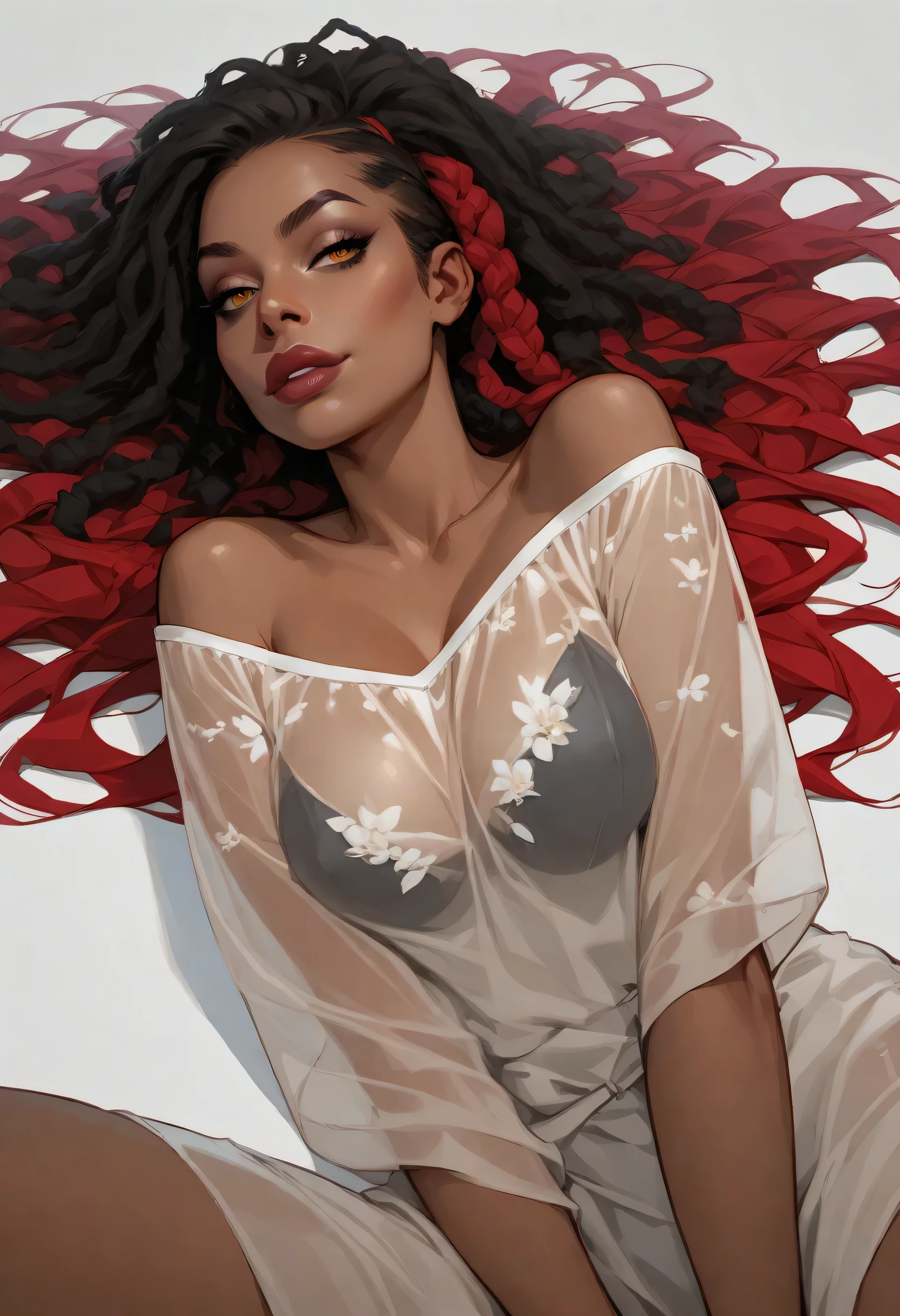 ((Black Loose Fit Outfit. Floral See-through Clothes)). Seductive milf. Dreadlocks with Red highlights. Intricate Clothes. Dark skin. Amber eyes. Flawless appearance. dnd character.  dnd. ((Laying down with head hanging off edge)), busty, Seductive big lips, ((Eye Focus, Breast Focus, lip Focus)), white background