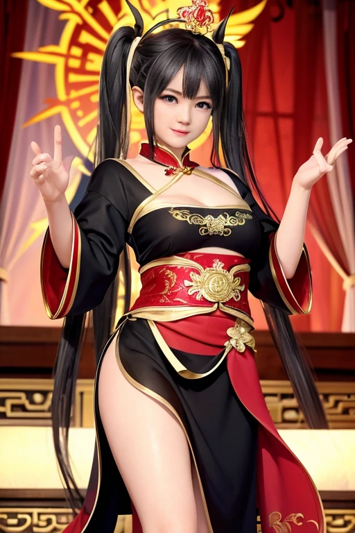 In the heart of a vibrant city, under the neon glow of night-time skyscrapers, stands a fierce and captivating woman. Clad in red, her Chinese dress, adorned with intricate gold embroidery, billows out with each powerful kick she delivers. The mini skirt moves freely with her agile movements, revealing her toned legs under thin fabric.
Her allure is amplified by the high heels she wears, their stilettos clicking against the concrete as she launches her next attack. Her erect nipples and visible areola add an extra layer of sensuality to her appearance. With a determined face, she embodies the spirit of