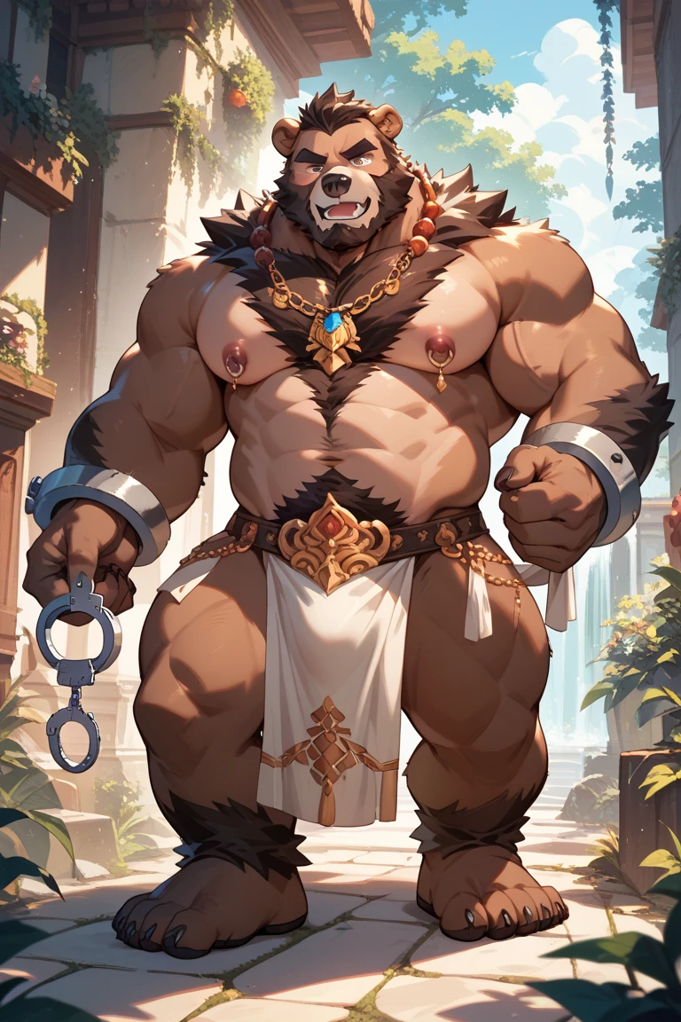 male, (chief of an ancient tribe), (wearing fur leather), erection upward, handsome, muscular, hairy, (blush), (posture with arms crossed), (ashamed), middle aged man, homoerotic, Standing, realistic, night, delicate eyes, hairy legs, cumshot penis