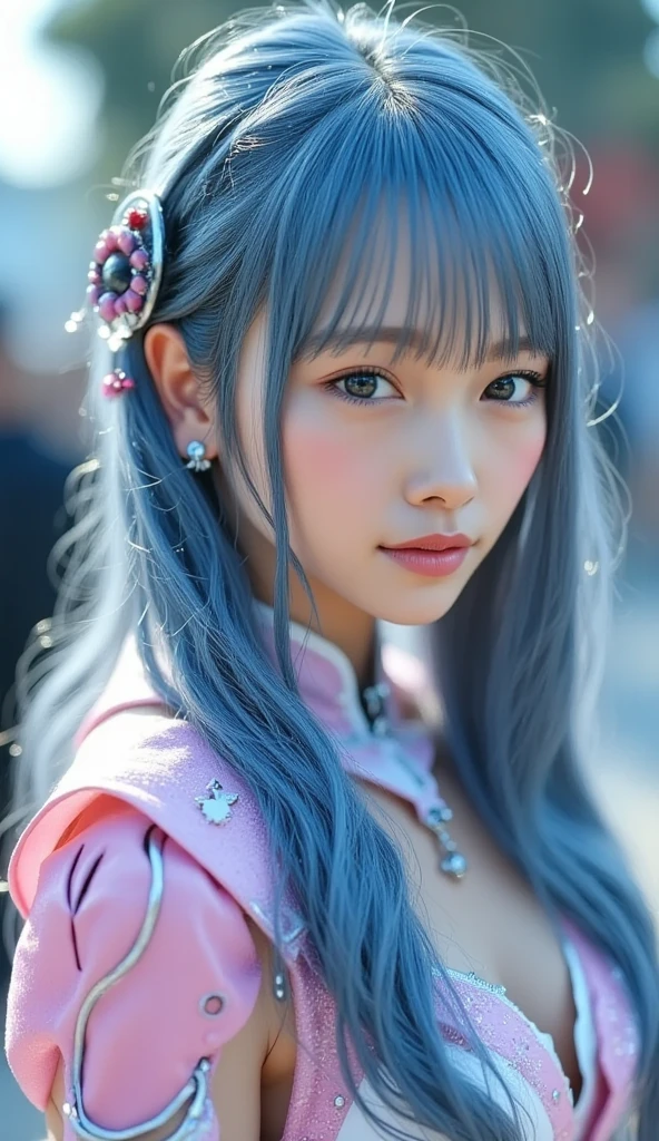 (masterpiece), (best quality), (ultra detailed),(disheveled hair),(illustration), (1girl), (Fashionable clothing), standing, Fashion model, looking at viewer, (interview), (simple background),beautiful detailed eyes, delicate beautiful face, Floating,(high saturation),(colorful splashes),colorful bubble,(shining), focus on face, ponytail, kamisato ayaka, light blue hair, bangs, hair ring, floating flowers, floating hairs, (shining), best lighting, best shadow,