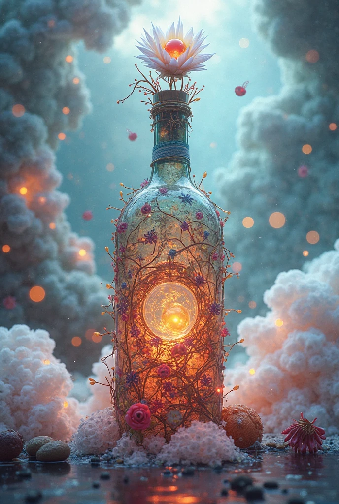 computadora, realistic fantasy, Extensive Ultrasound Landscape Photography (Vista general, which shows a vaso vaso bottle, vaso, hielo, sunburst with rose petals), cork out there, el amanecer se disuelve en la botella, lluvia de meteoros, fondo borroso, gloomy, Magia --auto --s2