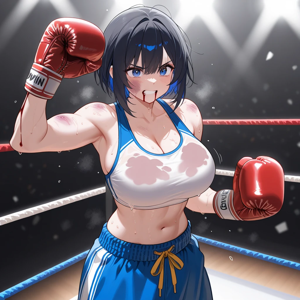 (hinata\(boruto\), ((covered armpit:1.9)), (high quality:1.8), (red boxing gloves:1.7), upper body:1.5, (ultra detailed body:1.4), (background: simple white background only), (anime, tall woman, cowboy shot, ((arm curves:1.5), (thick arms:1.0), ((topless, red thong only and wear nothing else, nipples, bare arms, bare arms, bare shoulders)), (long belly:1.2), (wide shoulders, off-shoulders), smile), (big breasts:1.8) ,(cleavage:0.8), closed mouth), ((pale skin)). ((dark blue:1.3, short hair, hime cut، loose hair, floating hair, floating hair:1.0), (background: simple white background only), (background: simple white background only), (background: simple white background only), (background: simple white background only),