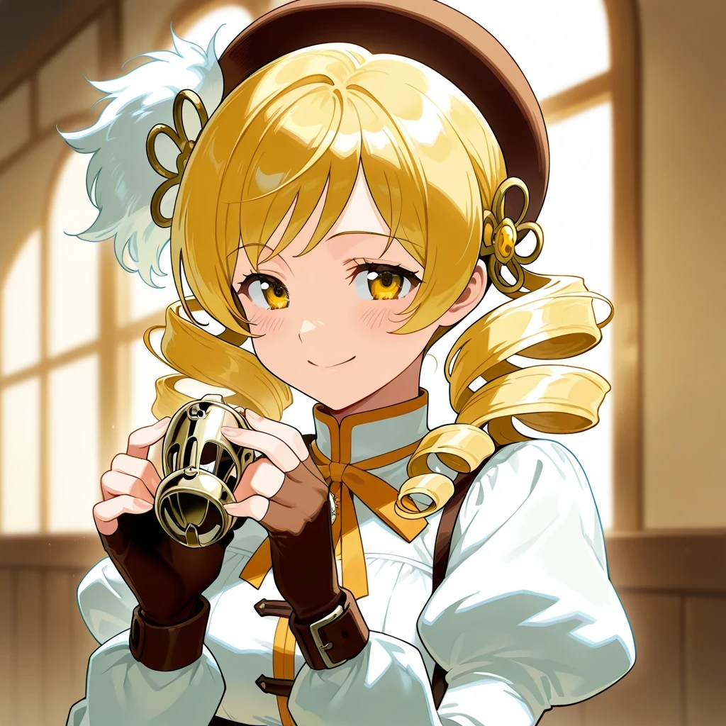 semi realistic, 1girl, holding chastity cage, show off chastity cage to viewer,  mami tomoe, blonde hair, drill hair, twin drills, yellow eyes, brown gloves, detached sleeves, fingerless gloves, gloves, hat, juliet sleeves, long sleeves, magical girl, puffy sleeves, gracious smile:1.3, looking at viewer, curios smile, loving smile, (absurdres, masterpiece, 8K)