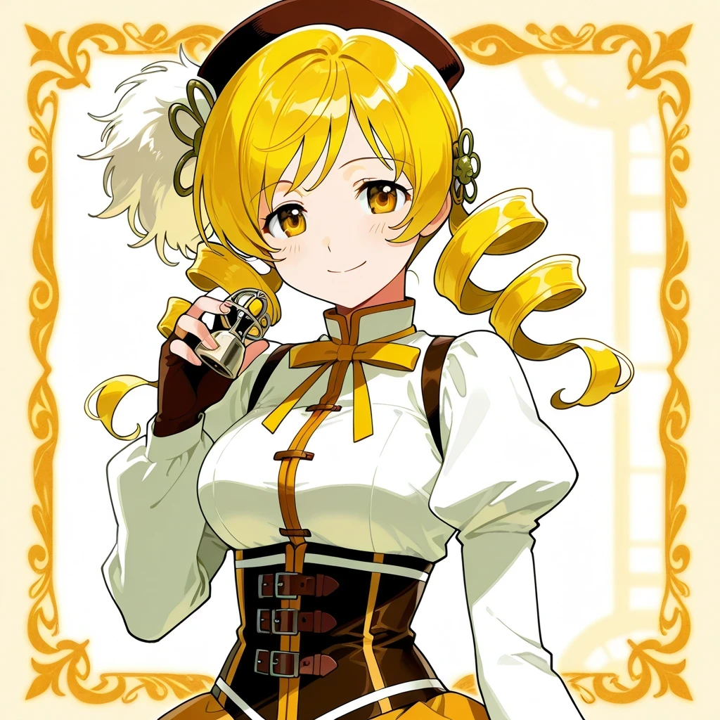 1girl, holding chastity cage, mami tomoe, blonde hair, drill hair, twin drills, yellow eyes, brown gloves, corset, detached sleeves, fingerless gloves, gloves, hat, juliet sleeves, long sleeves, magical girl, puffy sleeves, merciful smile:1.2, looking at viewer,  (absurdres, masterpiece, 8K)