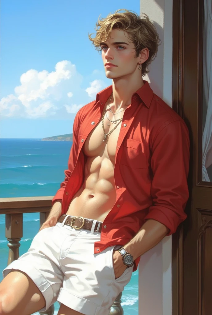 in hentai+ yaoi+anime style anime style high-chorma colors palette , simetryc composition, ultradetailed art style, oil painting, fullbody, perfect compositicion, perfect anatomy, dramatic, natural lighting, a young gorgeous, handsome, tall, perfect feet, latino , detailed realistic muscles, simetryc body, He is shirtless, barefoot wearing blue jeans, sexy gaze, smirk he is sitting on a modern sofa, spread legs staritning to the viewer smiling in the background, large dalle painting
