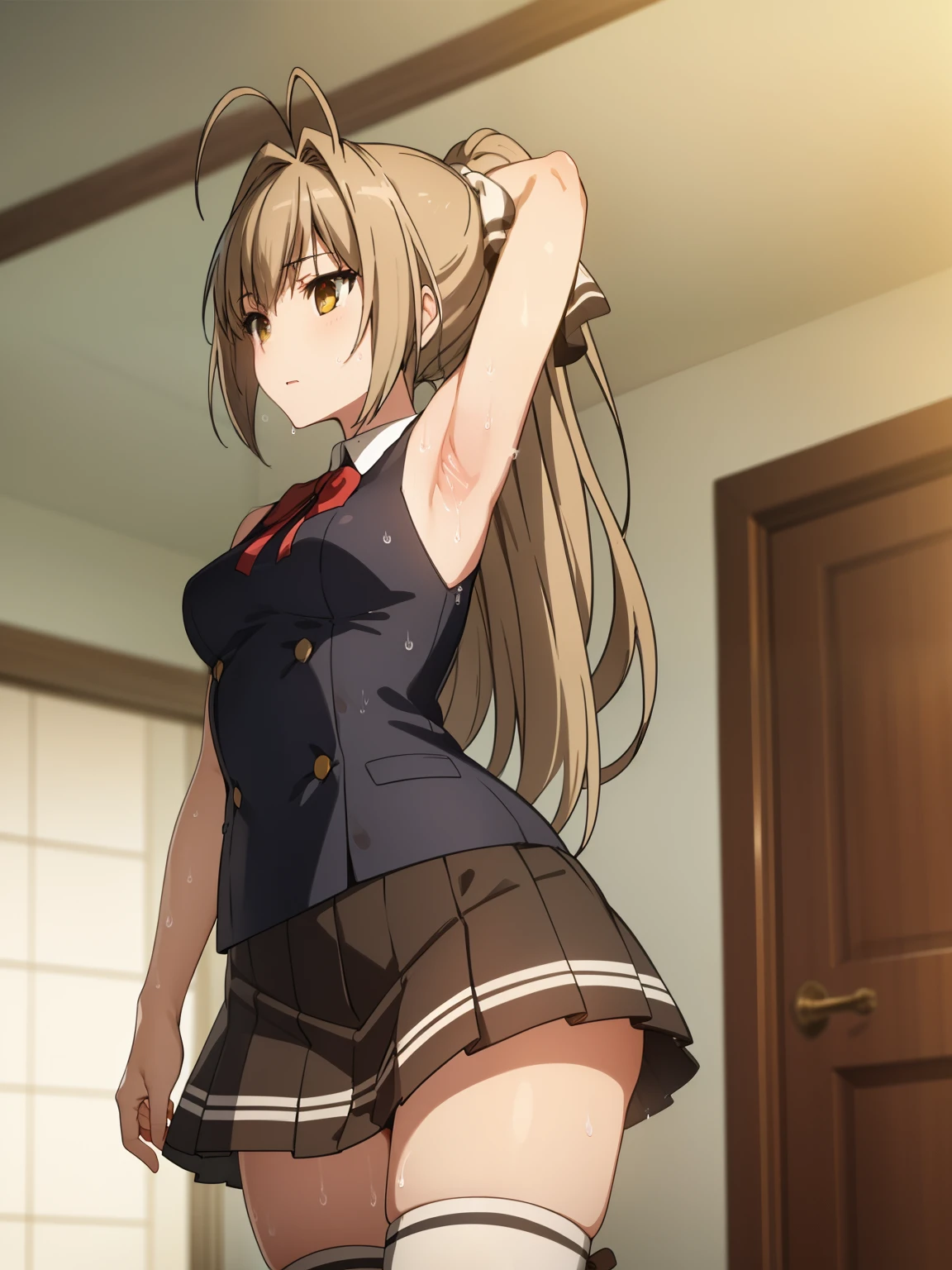 armpits,wet skin,Top Quality, (masterpiece:1.2), very detailed, indoor, 1 girl, solo, SENDO ISUZU , , watching, brown hair, long hair, antenna hair, ponytail, brown eyes, ribbon, aguilette, sleeveless, pleated skirt, black skirt, from below, Knee Socks