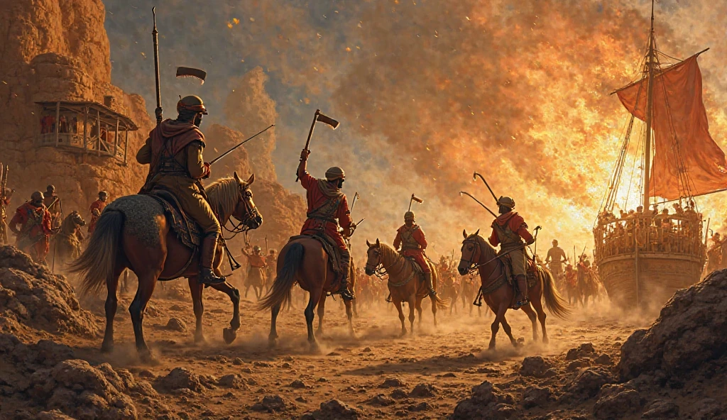 In a grand ancient battlefield, thousands of spartan soldiers and horses engaged in intense combat, blood splattering and weapons and armor scattering on the ground. Countless battle flags fluttered in the air, almost obscuring the sky and plunging the battlefield into darkness. Warriors fought bravely, fiercely resisting enemy attacks. Swords clashed, gunpowder exploded, and iron horses trampled over boiling blood pools. The cries and screams of soldiers and horses created a terrifying scene. The battlefield was pitted and littered with severed limbs and corpses, and countless soldiers fell on the battlefield. Both sides of the conflict were locked in a brutal struggle, exhausting their strength. The entire scene exuded an atmosphere of extreme tension, intensity, and terror, as if hinting that the cruel war would never end.
hdr, (photorealism, masterpiece quality, best quality),