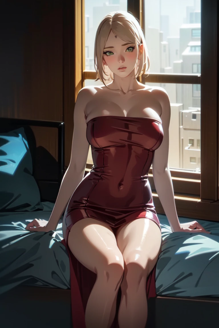 A poised and alluring woman with captivating blue eyes, resembling the ultra-realistic Sophie Mudd. She wears natural makeup, exudes a sexy charm in a short dress, blonde hair color and poses in hotel setting with a prominent bust. no clothes on.