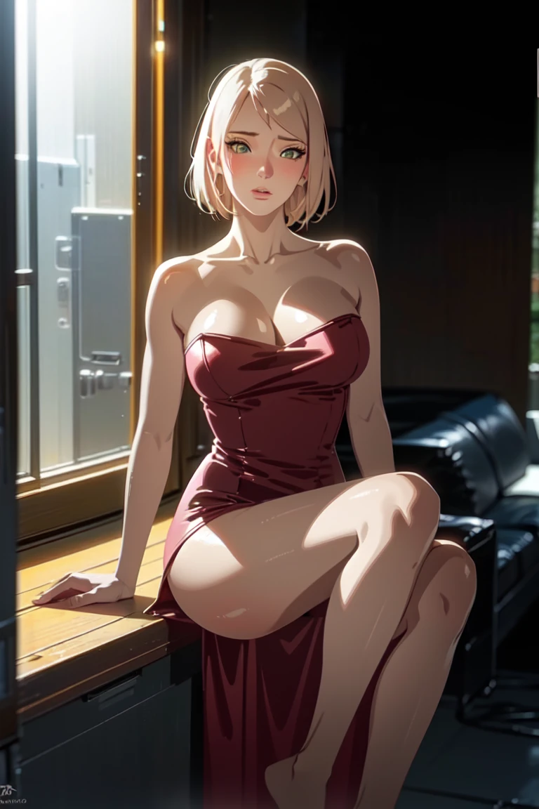 cute date night outfit, flirty and fun,  mature dirty blonde femme fatale, [Victoria Beckham],[[Kate Beckinsale]], cleavage, large breasts, cocktail dress, in a classy hotel lobby, standing in front of window, city skyline at night, burgundy silk dress, deep v, silver bangle, silver necklace, 30 years old
