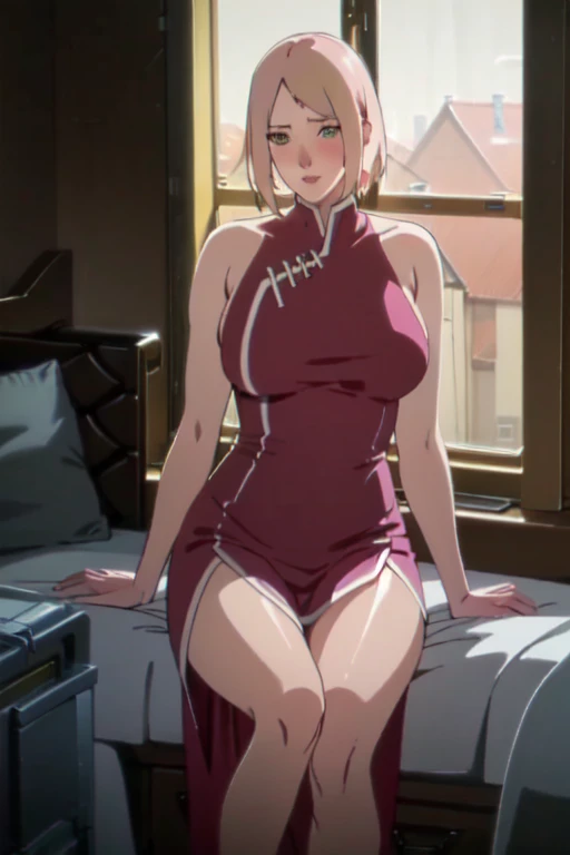 RyuukoHS1, 1girl, solo, short hair, blonde hair, bare shoulders, head wings, yellow eyes, red dress, ear piercing, big breasts, detached sleeves, piercing, (china dress:1.1), (sharp teeth:1.2), open mouth, headband, mask, turtleneck dress, thigh strap, one eye covered, side slit, knee boots, <lora:RyuukoHS1:0.8>
BREAK
masterpiece, best quality, highly detailed background, perfect lightingbest quality ((shiny skin, glossy skin, detailed skin))