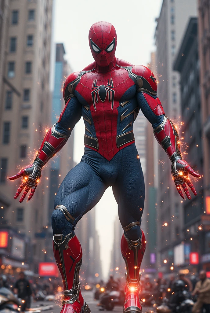 Create a image of spider man with a new cool suit with 6 spider arms and using 2 spider arms as standing and other 4 using elements powers